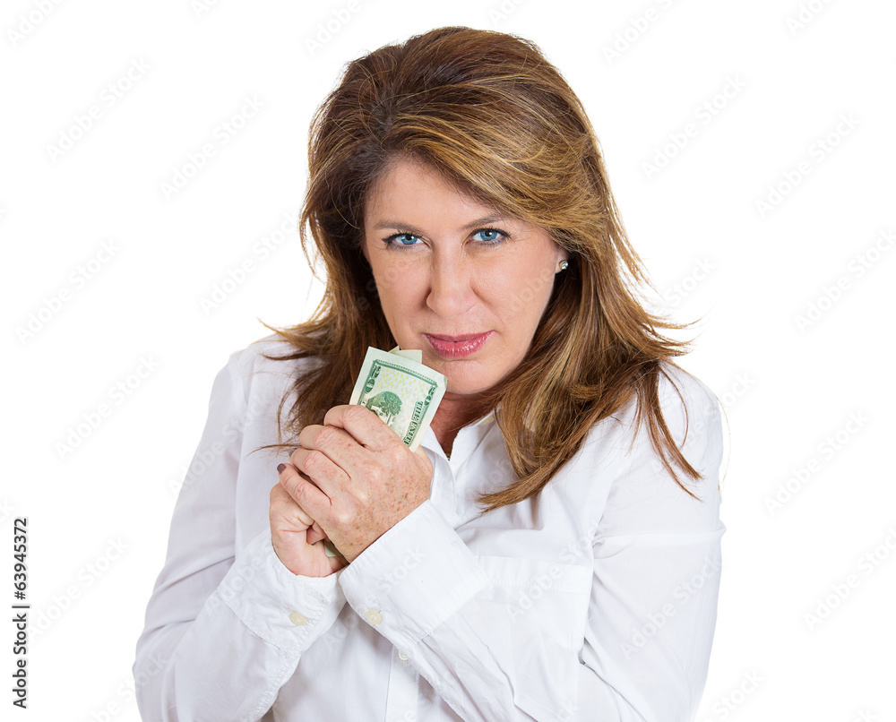 My money. Woman holding cash isolated on white background My money. Woman holding cash isolated on white background