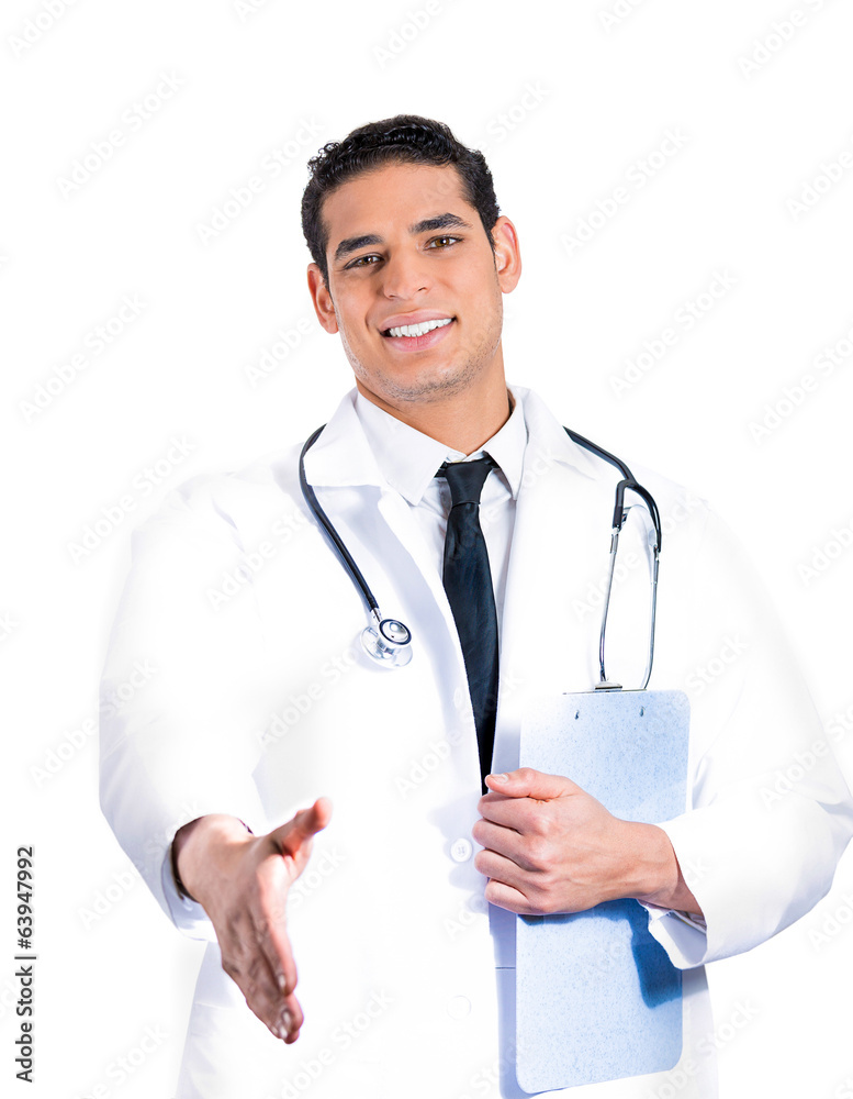 Confident male doctor with stethoscope and patient chart Confident male doctor with stethoscope and patient chart