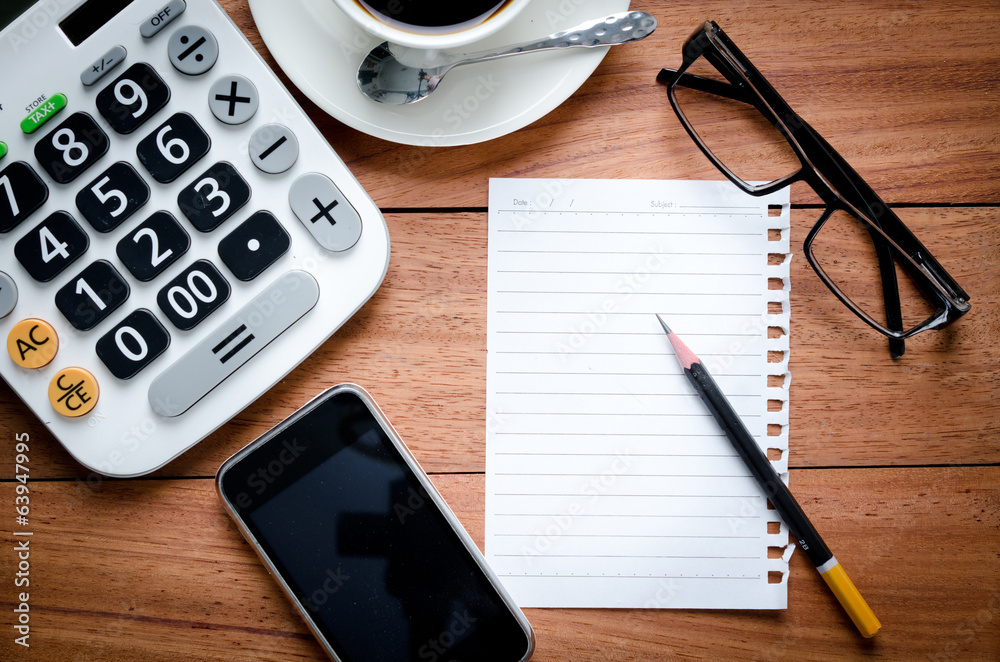 Blank Page notebook and calculator with smart phone Blank Page notebook and calculator with smart phone