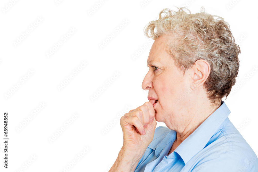 Headshot senior lazy woman sucking thumb on white background Headshot senior lazy woman sucking thumb on white background