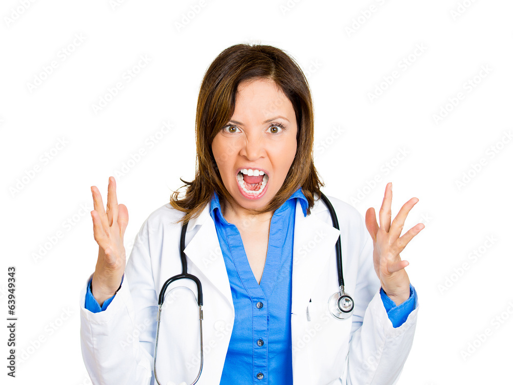 Angry yelling health care professional, female doctor Angry yelling health care professional, female doctor
