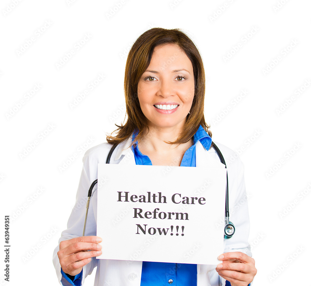 Healthcare reform now! Excited happy female doctor Healthcare reform now! Excited happy female doctor