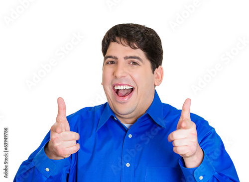 Guns sign happy man showing thumbs up on white background 