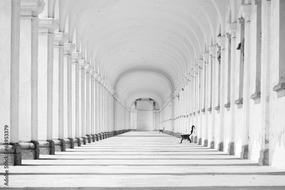 Long baroque colonnade in black and white tone