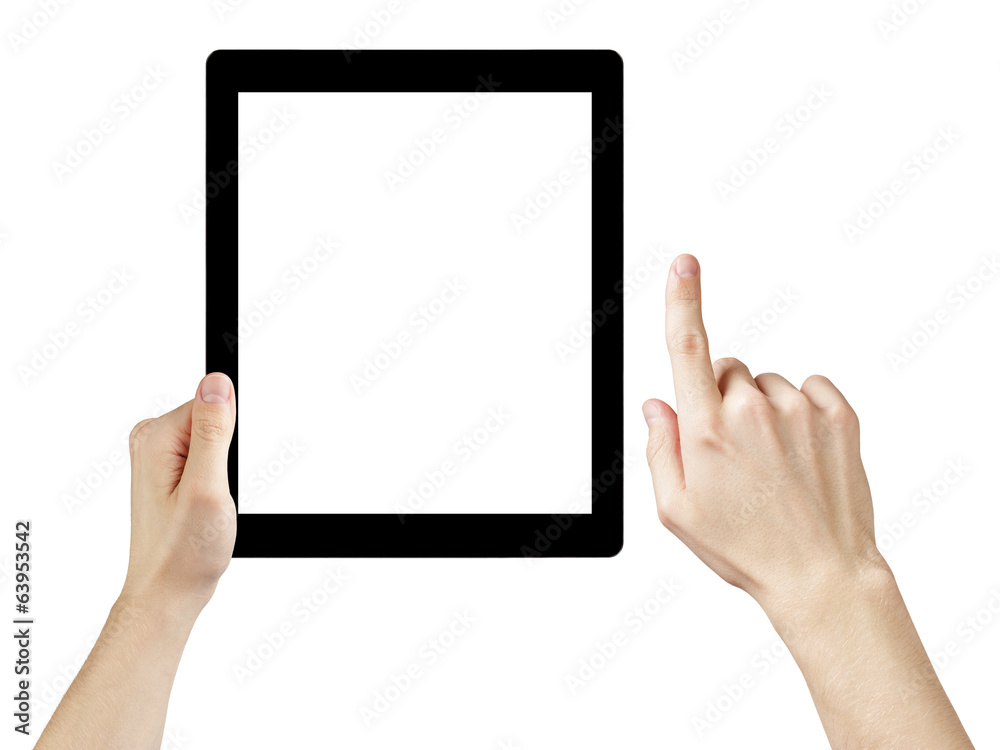 adult man hands using generic tablet pc with white screen adult man hands using generic tablet pc with white screen
