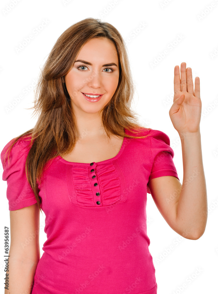 Woman makes hand sign salute Woman makes hand sign salute