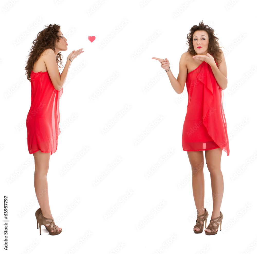 woman in red blows kisses woman in red blows kisses