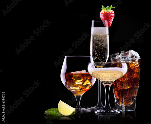 different alcohol drinks set