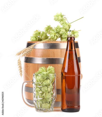 Barrel and bottle of beer with hop.