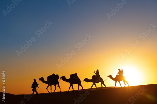 Camel caravan going through the desert photo