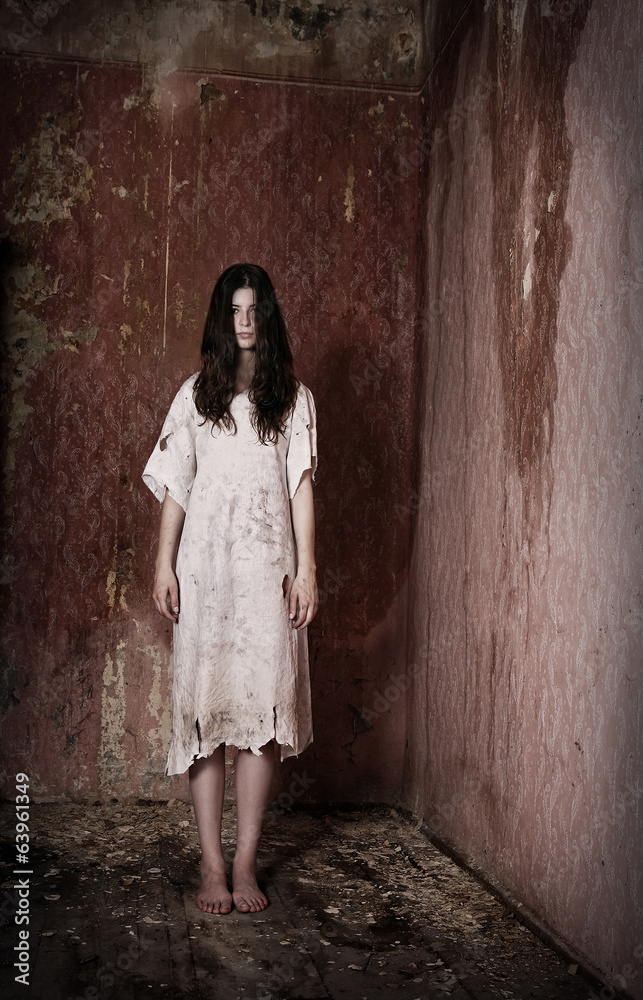 Horror style image - alone girl in creepy house Stock Photo | Adobe Stock