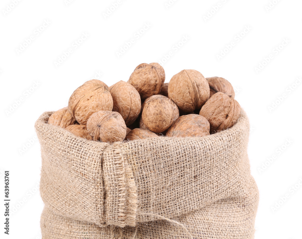 Walnuts in burlap bag.