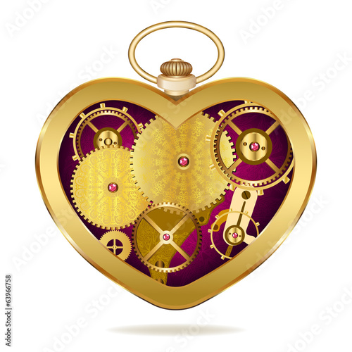 Clockwork heart-shaped clock. Isolated on white background. Orig