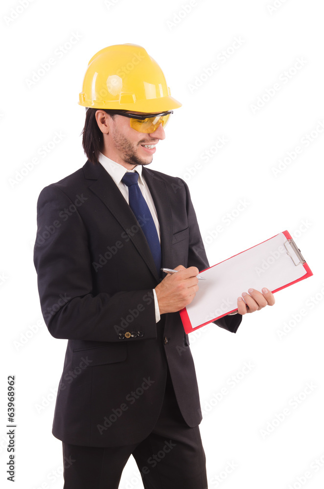 Busineesman in concept of builder with poster isolated on white Busineesman in concept of builder with poster isolated on white
