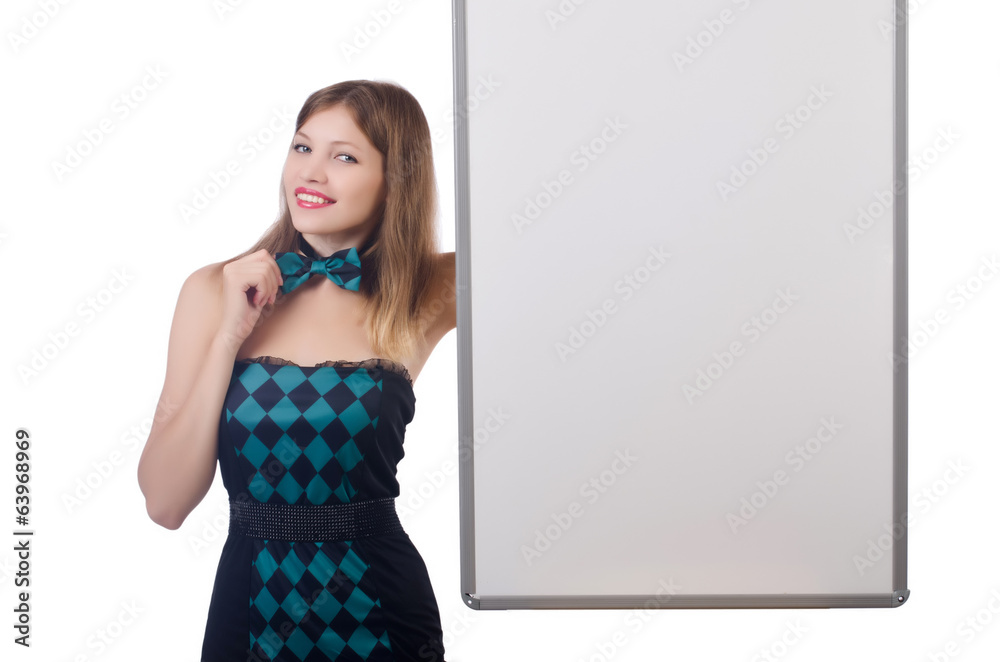 Young pretty woman with blank board isolated on white Young pretty woman with blank board isolated on white