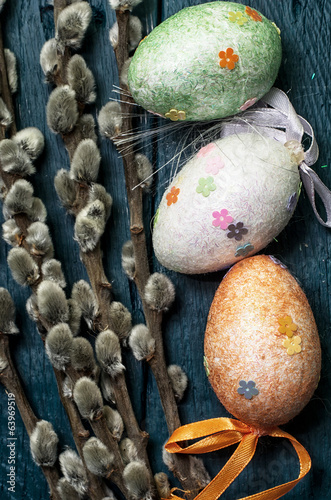 Easter composition with eggs and branches of a willow