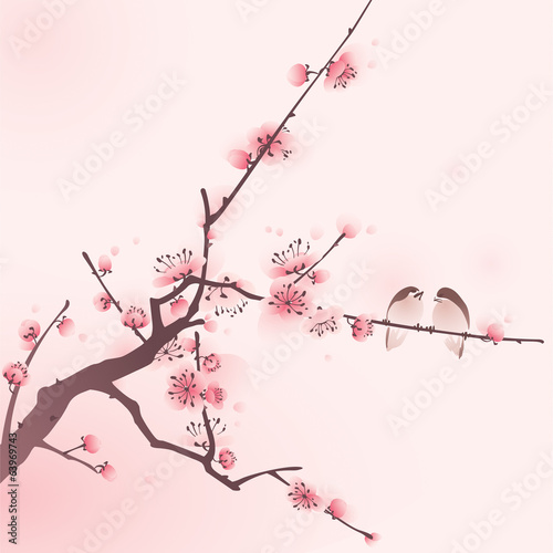 oriental style painting, cherry blossom in spring