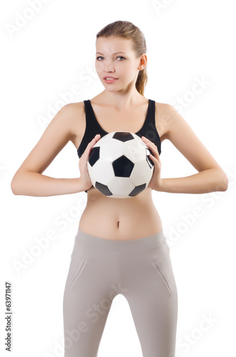 Young sportswoman with ball isolated on white