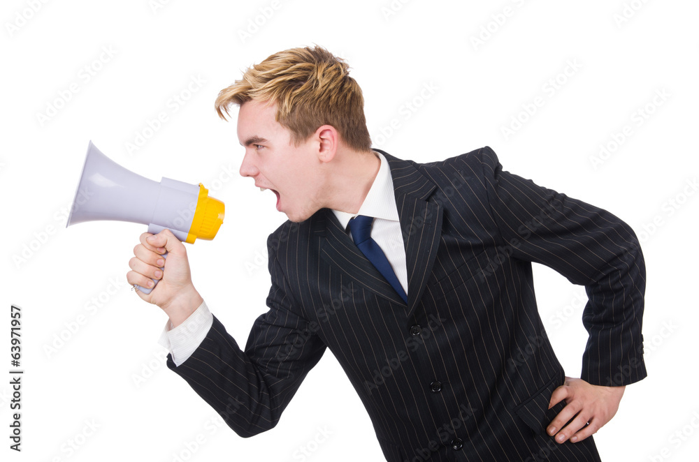 Funny man with loudspeaker on white Funny man with loudspeaker on white
