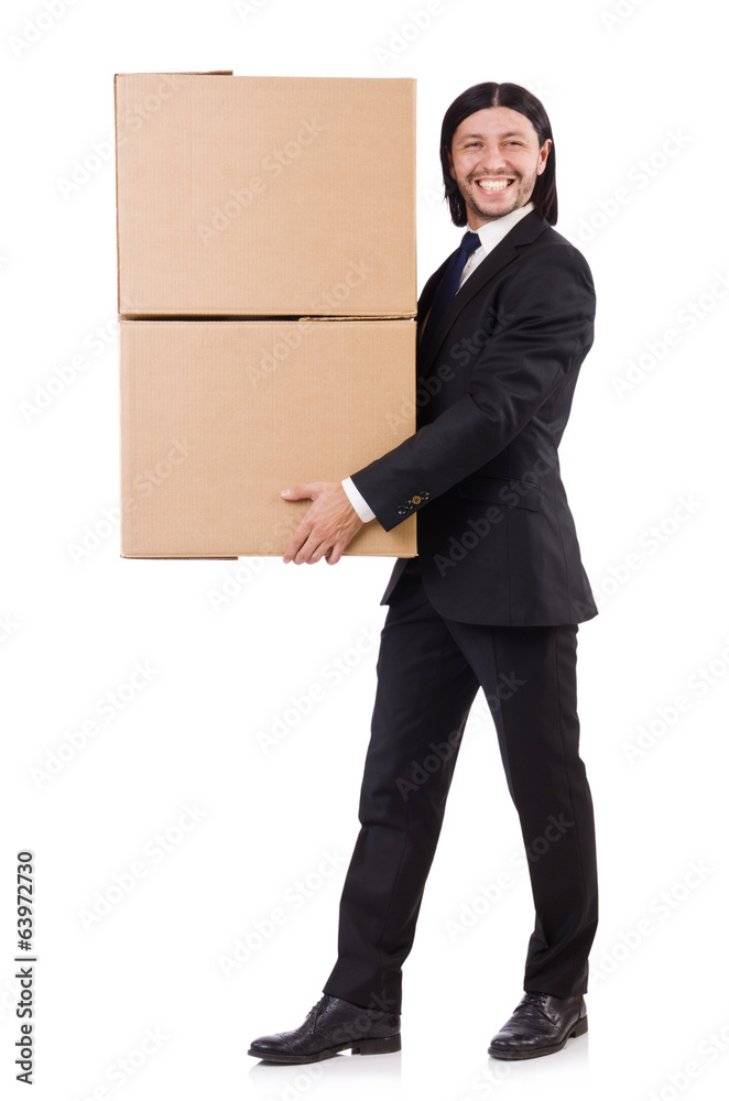 Funny man with boxes on white