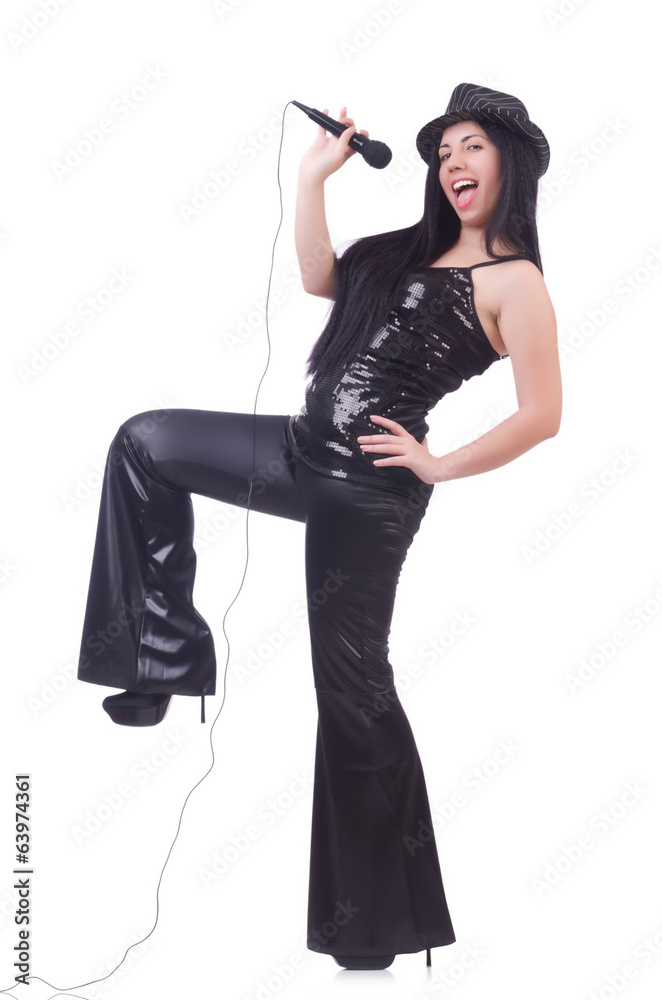Young female singer with mic on white Young female singer with mic on white