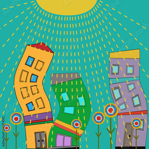 Tanzende Häuser unter Sonnenstrahlen