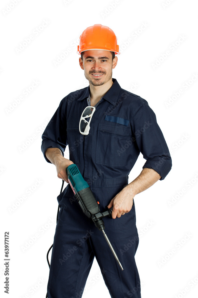 builder with drill isolated on white background builder with drill isolated on white background