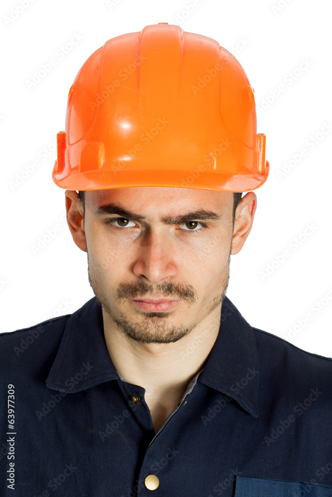 Funny worker in helmet with emotion on her face Funny worker in helmet with emotion on her face