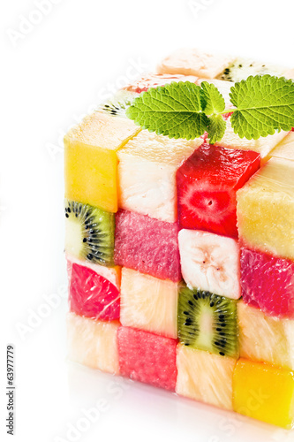 Decorative cube of colorful tropical fruit squares