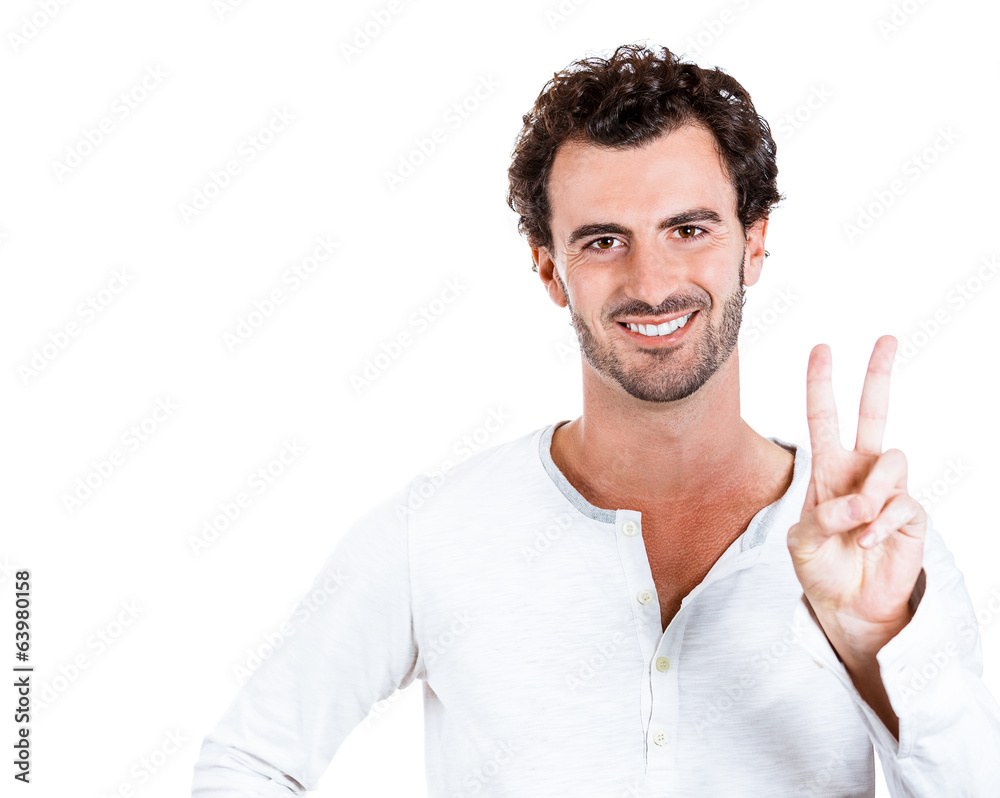 Victory, peace or two sign. Happy man on white background Victory, peace or two sign. Happy man on white background