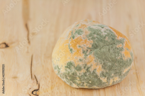 Moldy bread on wood background