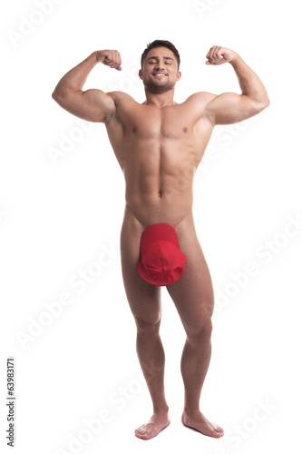Image of naked man posing biceps straining