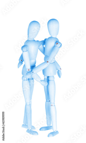 Two blue wooden little men  homosexual couple