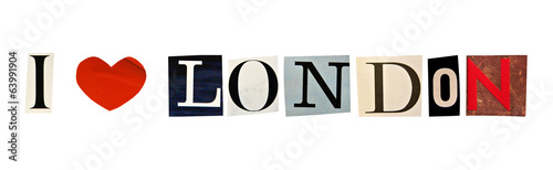 I Love London formed with magazine letters on a white background