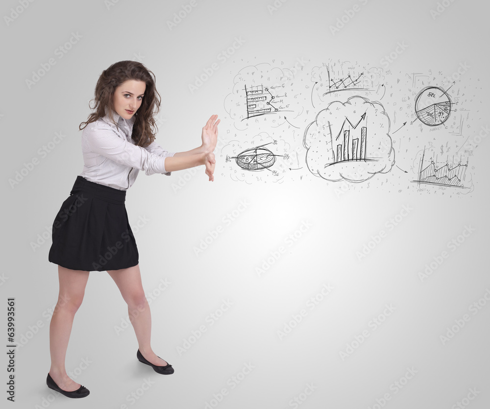 Business girl presenting hand drawn sketch graphs and charts Business girl presenting hand drawn sketch graphs and charts
