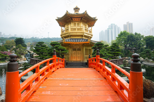 The Golden pavilion and red bridge in Nan Lian Garden, Hong Kong