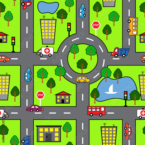 Cartoon seamless pattern with bright road, the car and the city #63999726