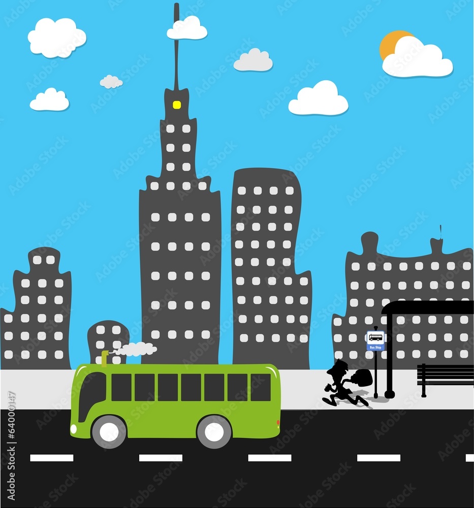 Cartoon illustration of a man chasing a bus