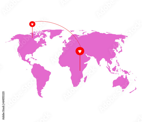 pink worldmap in concept of love around the world
