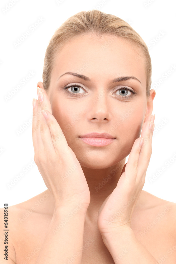Beautiful woman's face on white background close-up Beautiful woman's face on white background close-up
