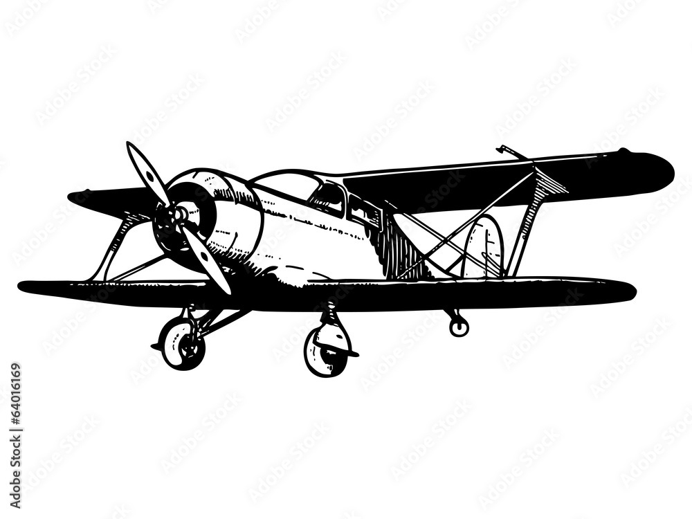 Vintage biplane aircraft. Vector hand drawn illustration.