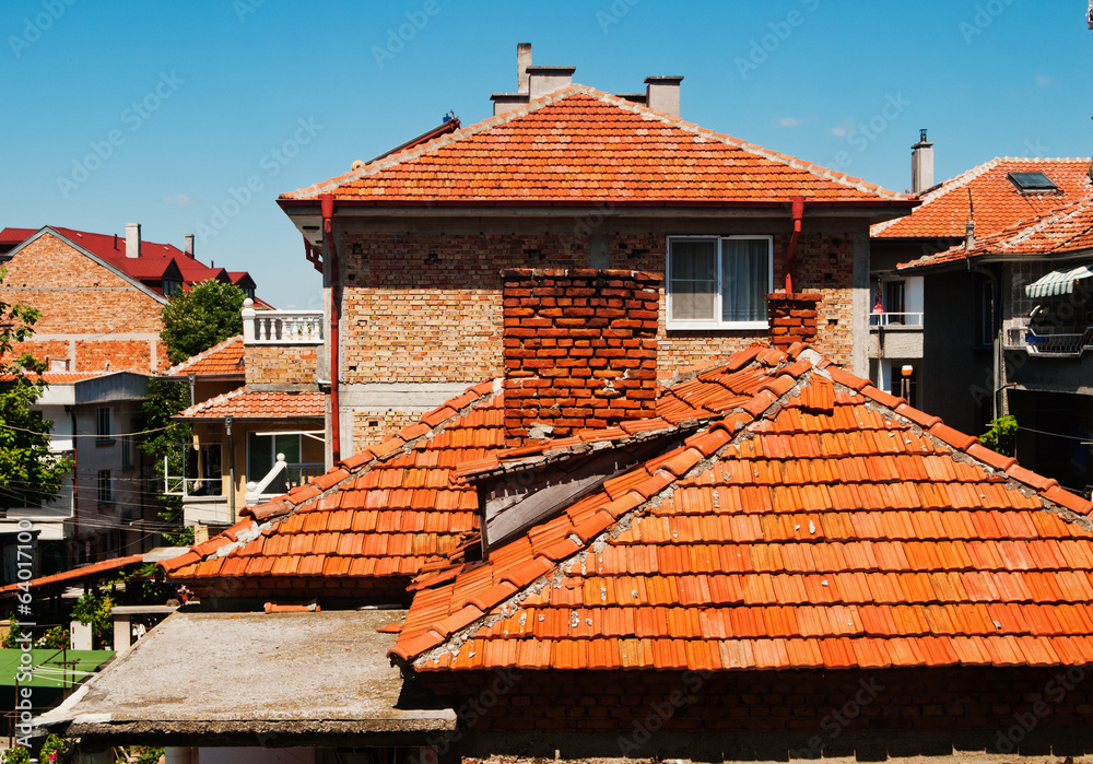 Red rooftops of old residential houses with view in their backya