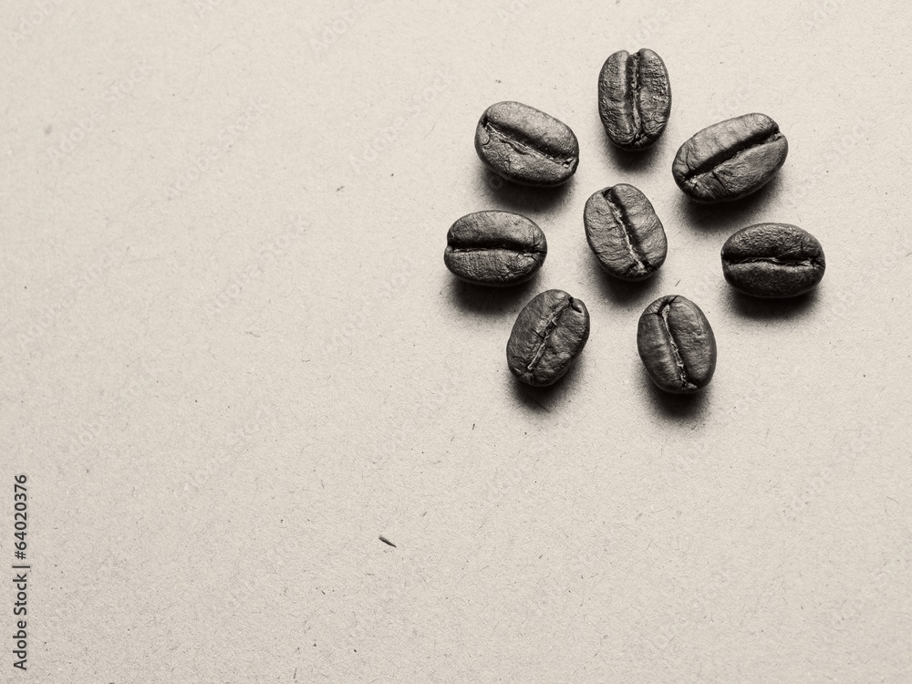 Roasted Coffee Beans on paper texture, retro monotone color back Roasted Coffee Beans on paper texture, retro monotone color back