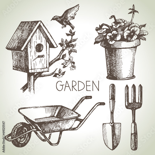Fotografia Sketch gardening set. Hand drawn design elements
