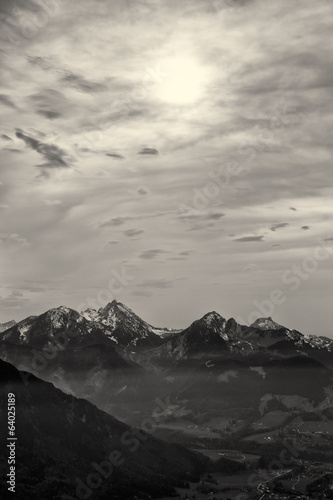 Mountain Panorama at Sunset in Black and White