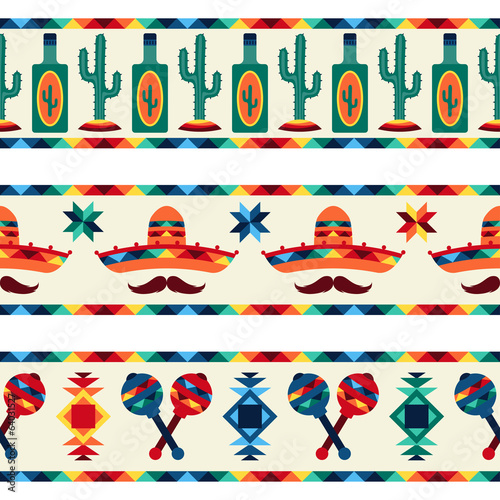 Mexican seamless borders with icons in native style.