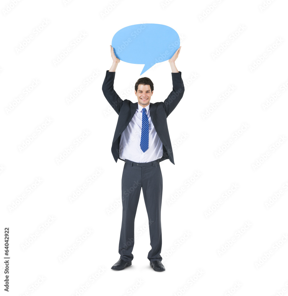 Businessman Holding Blue Speech Bubble Businessman Holding Blue Speech Bubble