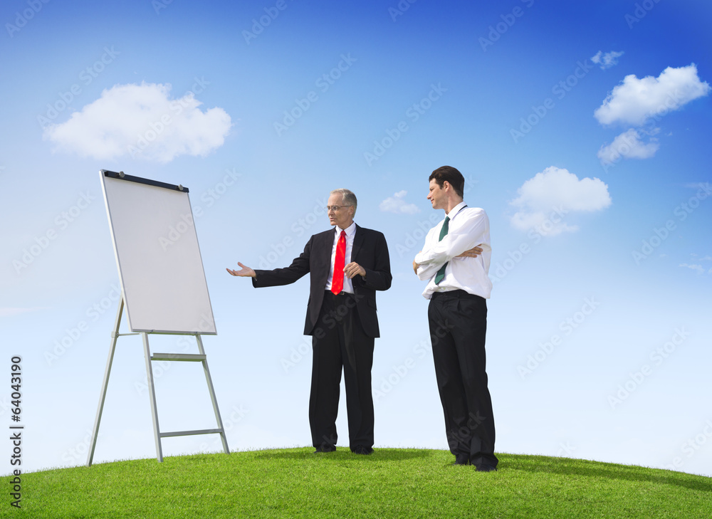 Business Man Pointing Empty Whiteboard Outdoors Business Man Pointing Empty Whiteboard Outdoors