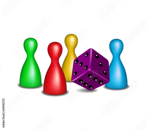 Board game figures with purple dice