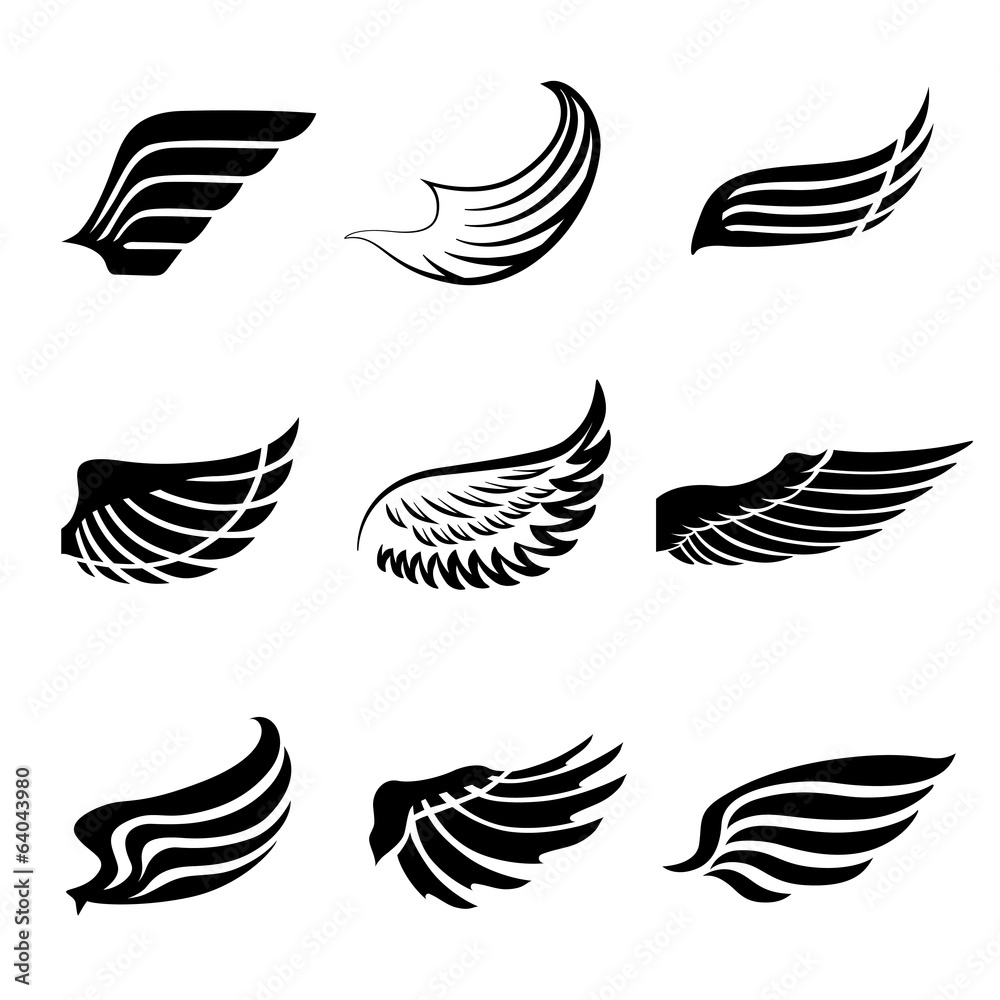 Abstract feather wings icons set Abstract feather wings icons set